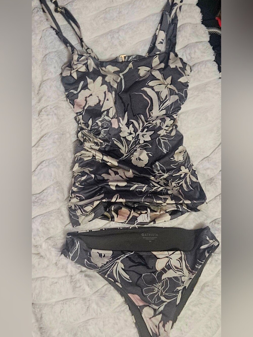 Athleta Grey Floral Tankini Set with Rose Accents Bottom M Top 36 D/DD